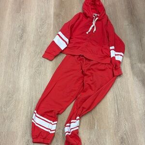 J. Crew Red Hoodie and Sweatpants with White Accents